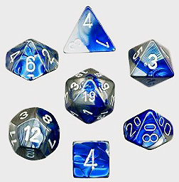 Spirit Games (Est. 1984) - Supplying role playing games (RPG), wargames rules, miniatures and scenery, new and traditional board and card games for the last 20 years sells Gemini Dice Set: Blue/Steel with White