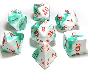 Spirit Games (Est. 1984) - Supplying role playing games (RPG), wargames rules, miniatures and scenery, new and traditional board and card games for the last 20 years sells Gemini Dice Set: Mint Green/White with Orange